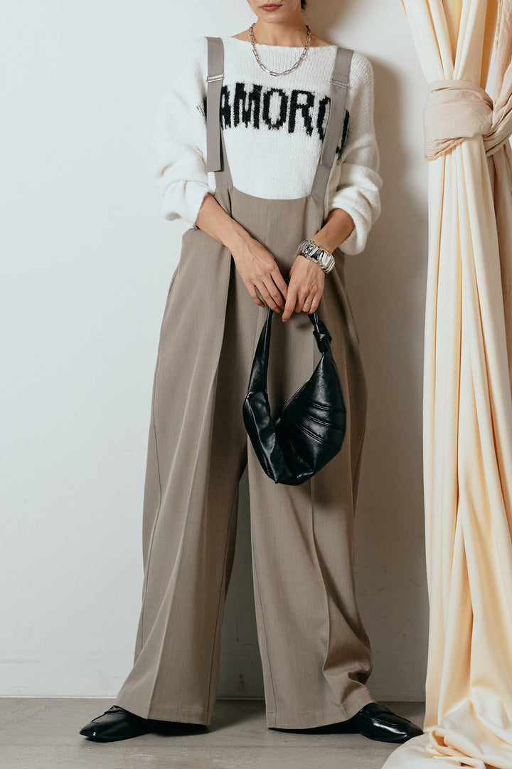 [SET]フロントロゴデザインニットトップス+ワイドツイルサロペット(2set)