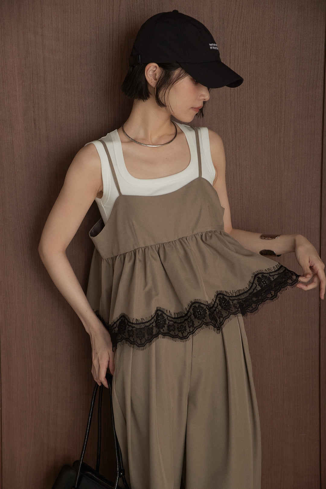 [SET]裾レースペプラムキャミソールビスチェ+パット付きワイドショルダータンク+2タックロングワイドパンツ(3set)