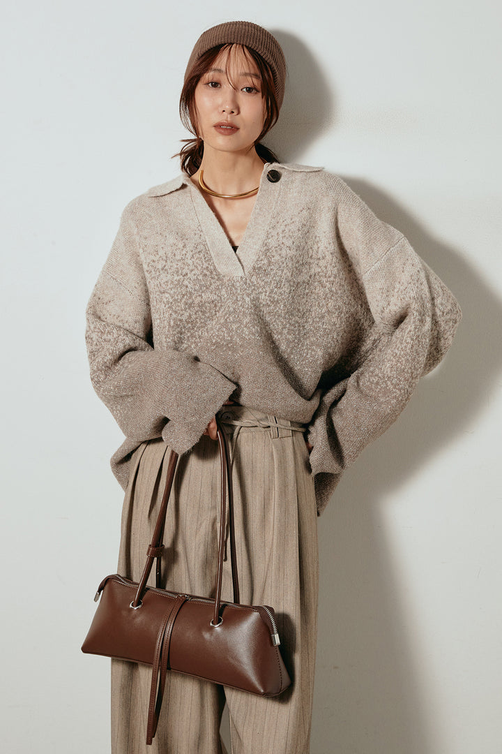 [SET]グラデーションラメニットキーネックプルオーバー+ストライプヘリンボーンパンツ(2set)