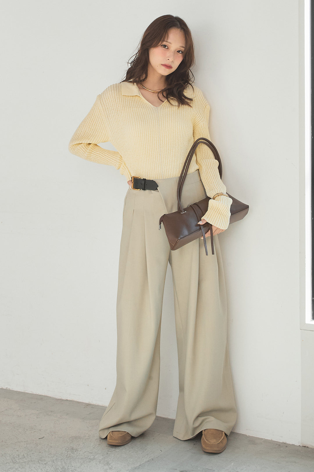 [SET]衿付きニットプルオーバー+サイドベルトタック入りスラックス(2set)