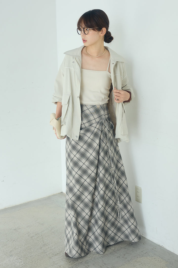 [SET]合繊ツイルバルーンジャケット+タータンチェック柄フロントデザインスカート(2set)
