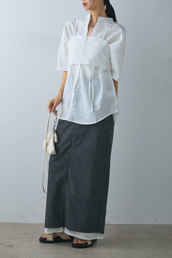 [SET]ホックビスチェ付きバンドカラーシャツ+ストライプストレートスカート(2set)