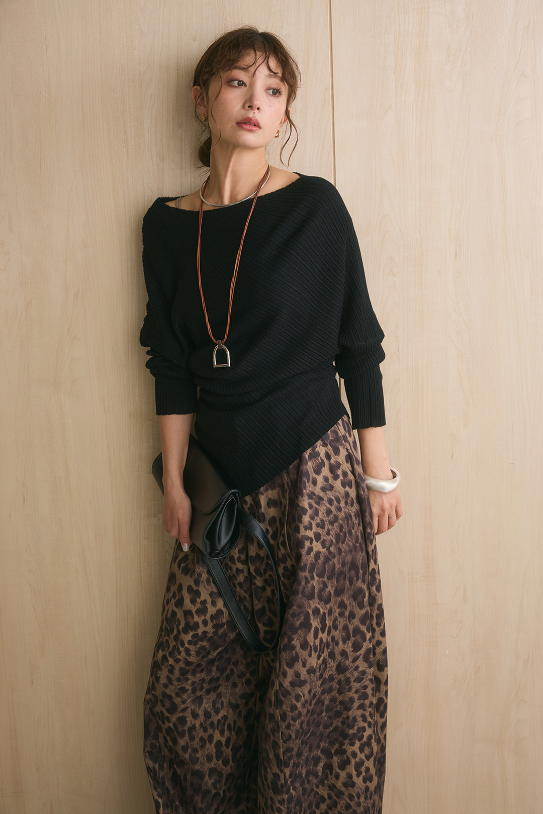 [SET]裾アシンメトリーリブニットトップス+太ベルト付きレオパード柄ワイドパンツ(2set)