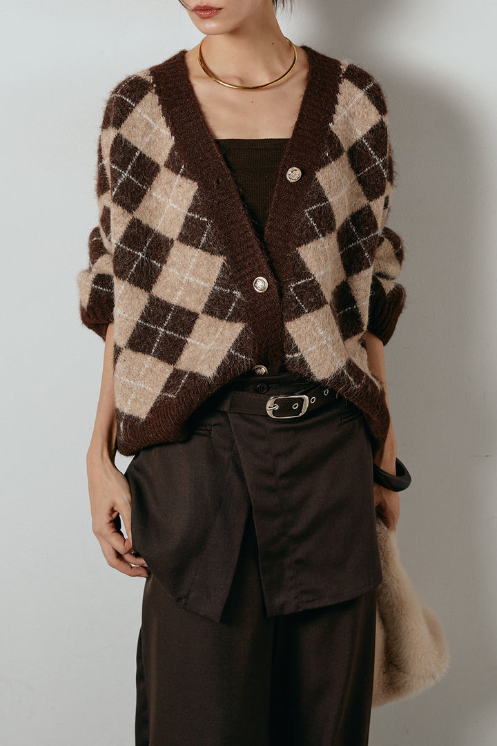 [SET]オーバーサイズ総柄Vネックニットカーディガン+ベルト付きウエストデザインパンツ(2set)