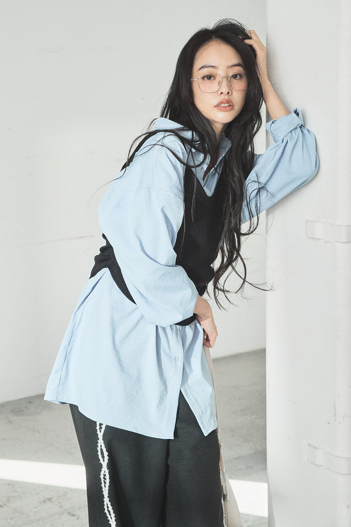 [SET]ニットキャミ付きシャツ+刺繡テープラインパンツ(2set)