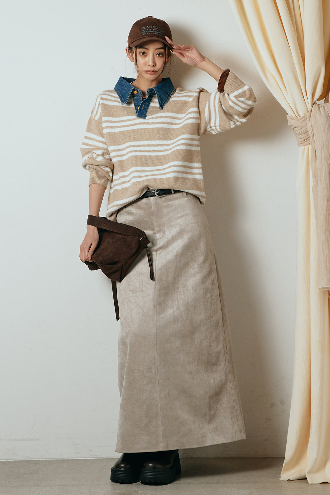 [SET]デニムレイヤード風ランダムボーダーニットプルオーバー+エコスウェードワイドスカート(2set)