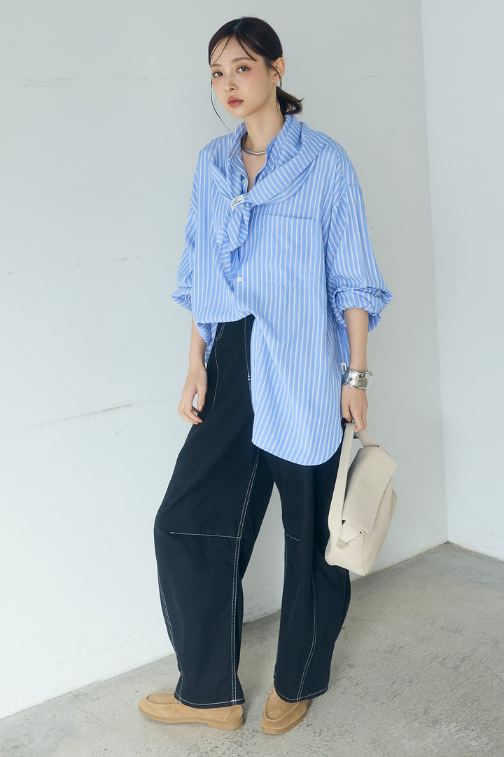 [SET]レーヨンストライプスカーフ+ツイル配色ステッチバレルパンツ+レーヨンストライプバンドカラー長袖シャツ(3set)