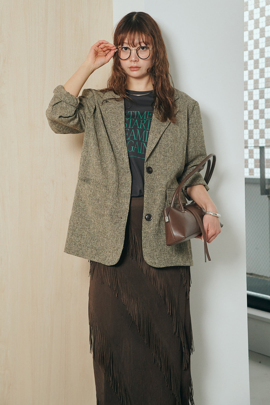 [SET]ミックスツイードベルト付きジャケット+斜めフリンジデザインスカート(2set)