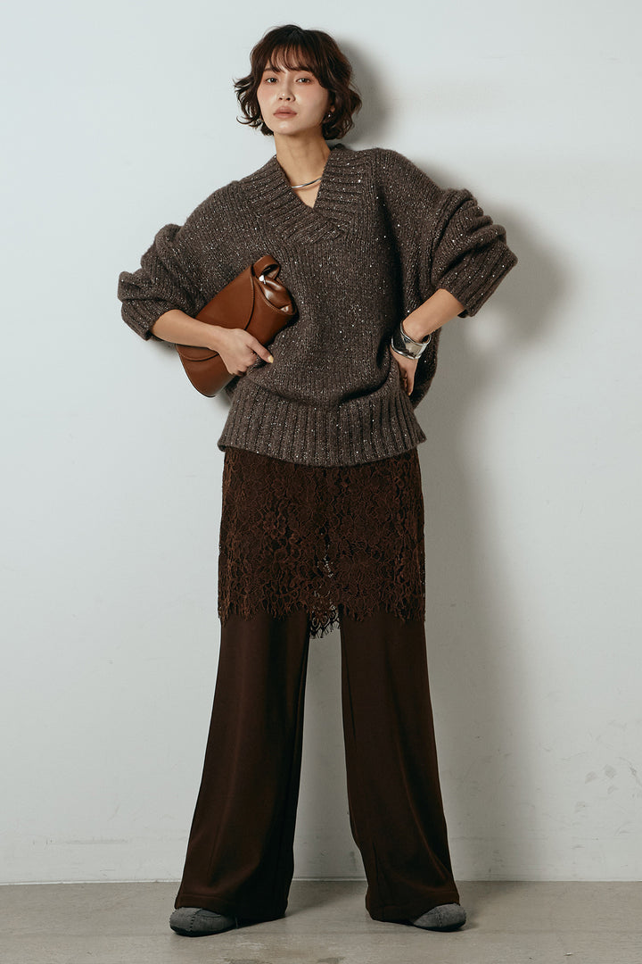 [SET]Vネックラメニットトップス+レース刺繍レイヤードフレアパンツ(2set)