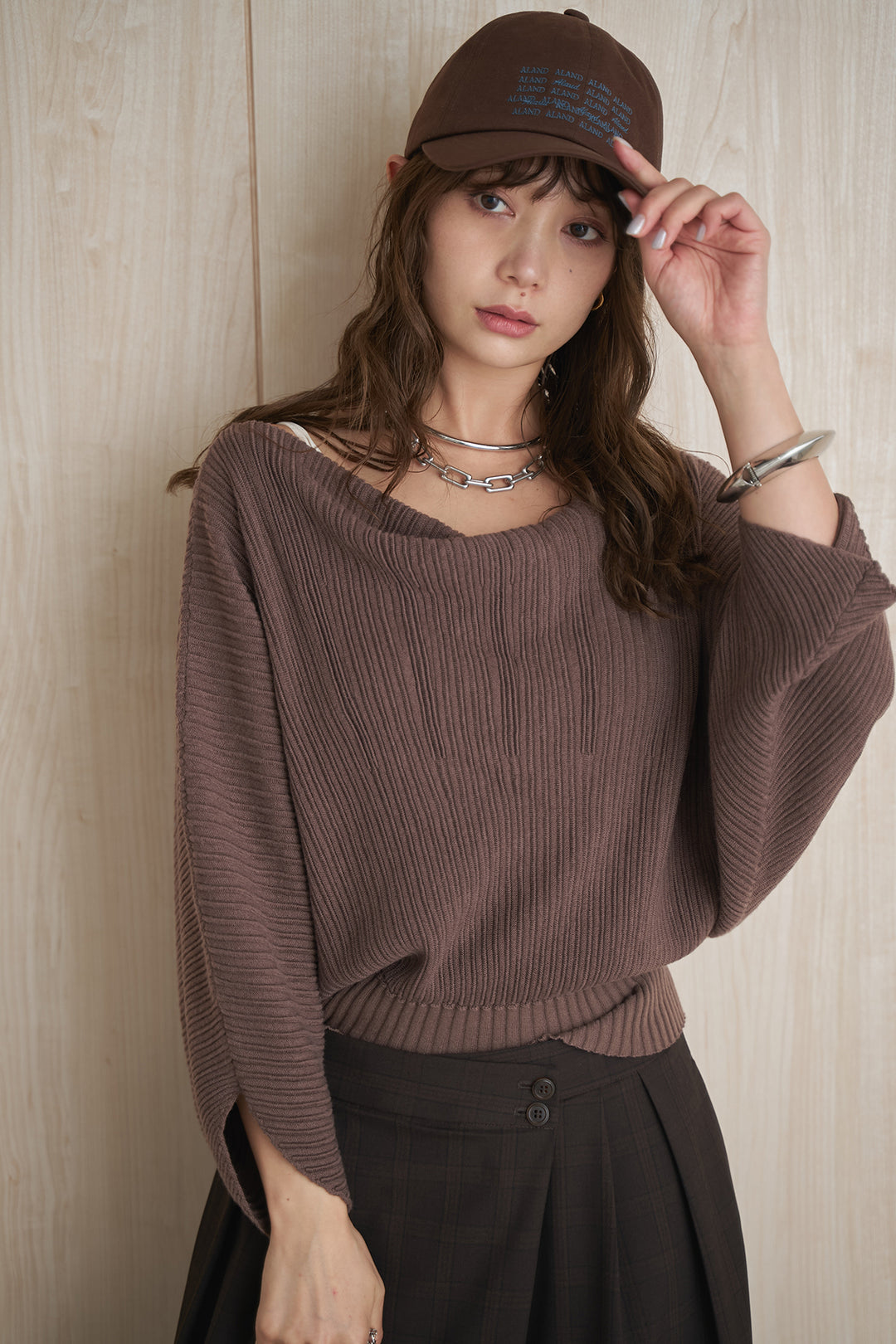 [SET]ドルマンスリーブクロップドリブニット+ウエストアシメタータンチェックパンツ(2set)