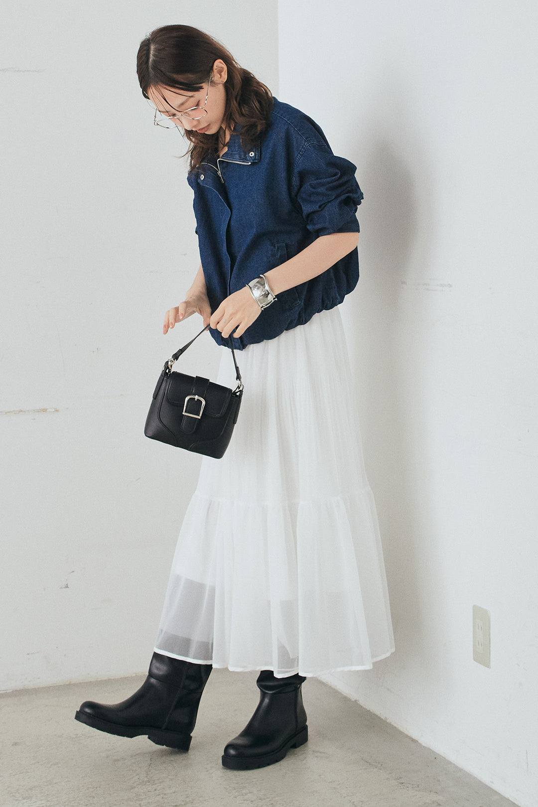 [SET]スタンドカラーデニムブルゾンジャケット+ボリュームシルエットチュールスカート(2set)