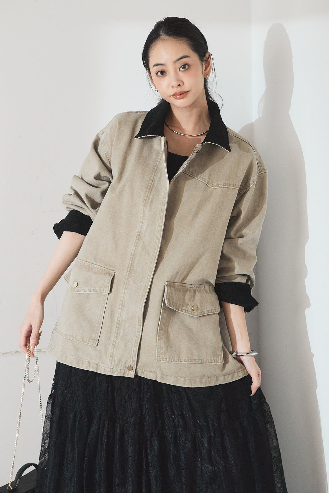 [SET]襟コーデュロイデザインデニム調カバーオール+ひげレース切替ロング丈スカート(2set)