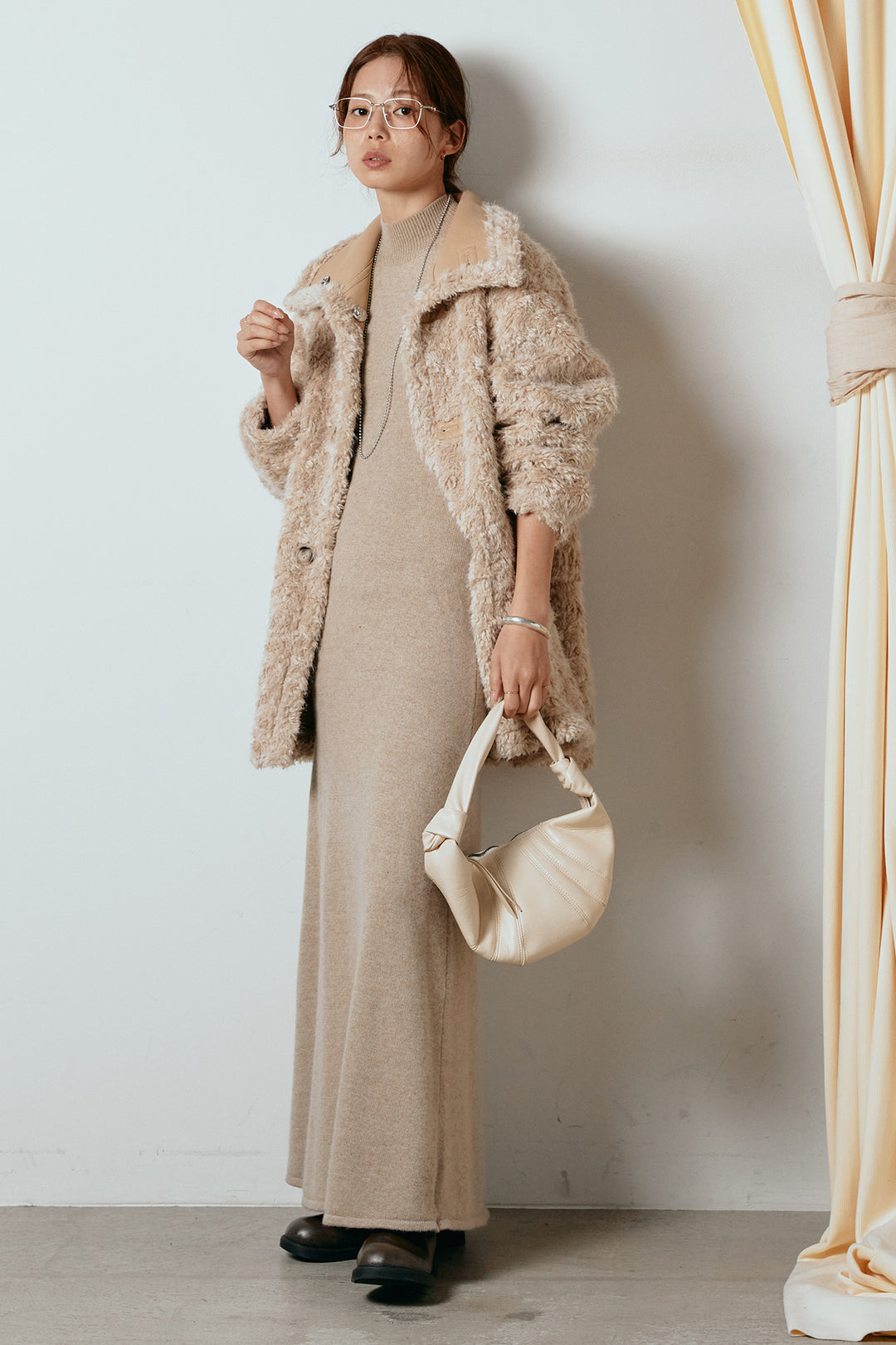 [SET]リバーシブルボアアウター+ノースリーブニットロングワンピース(2set)