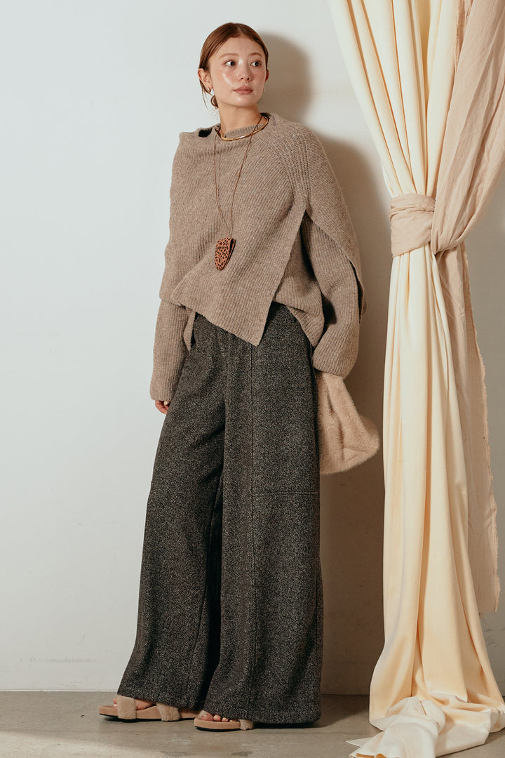 [SET]ケープデザインリブニットトップス+太ベルト付きツイードワイドパンツ(2set)