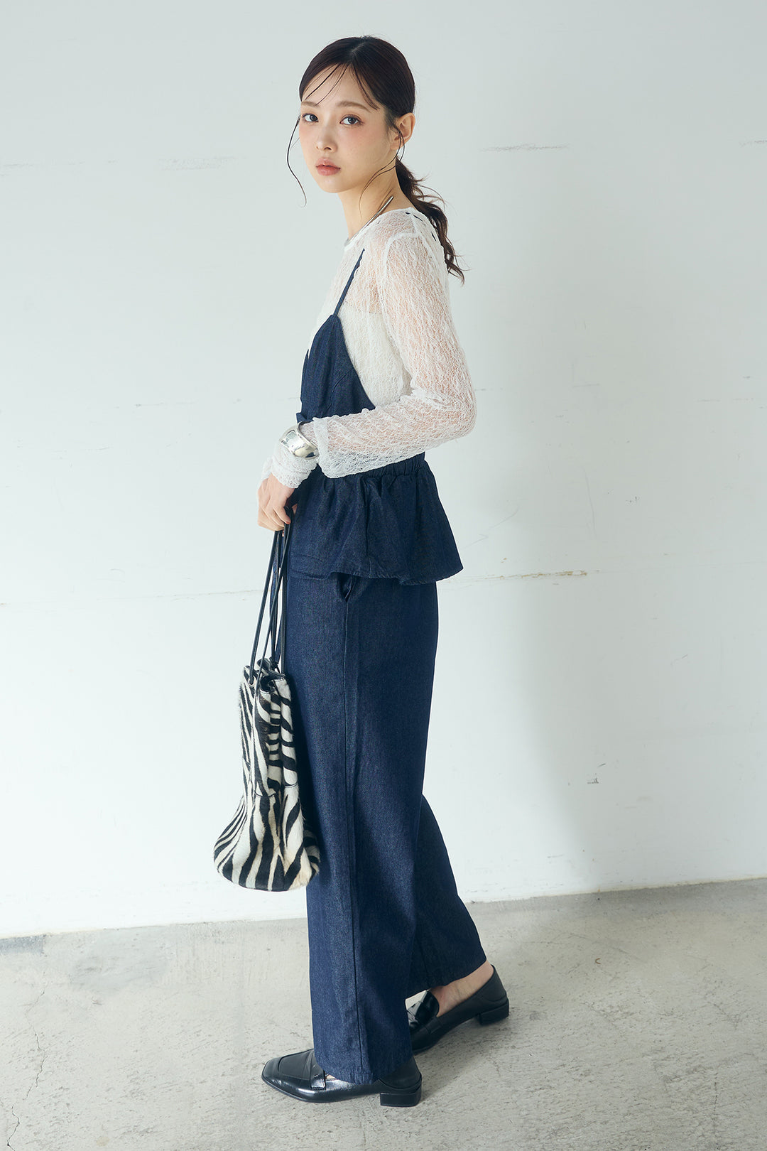 [SET]ストレッチレースクルーネックインナー+デニムペプラムコンビネゾン(2set)