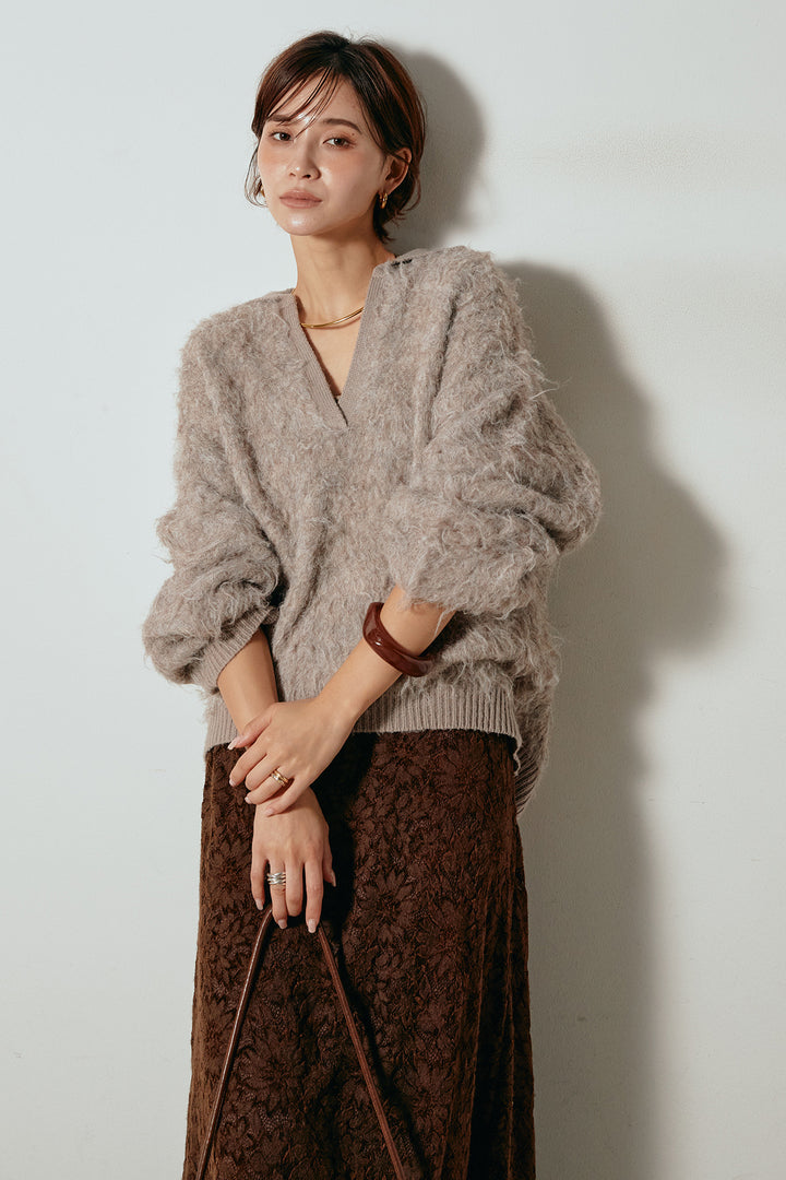 [SET]襟付きシャギーニットポロトップス+花柄刺繍ベロアフレアスカート(2set)