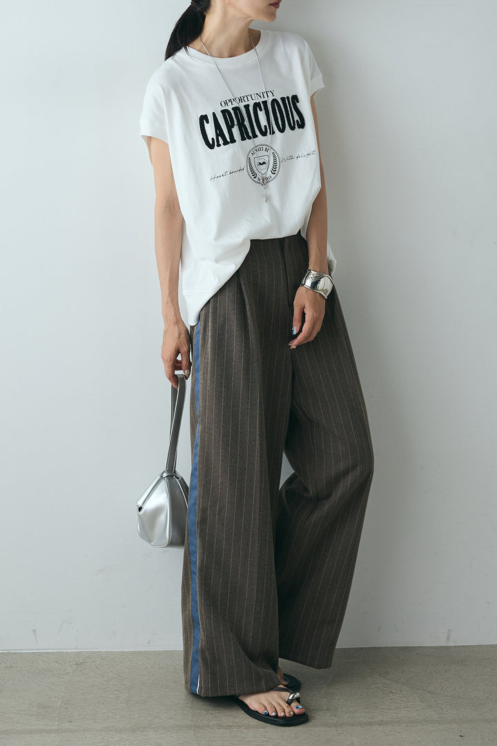 [SET]サガラ刺繍フレンチスリーブTシャツ+ピンストライプサイドラインワイドパンツ(2set)