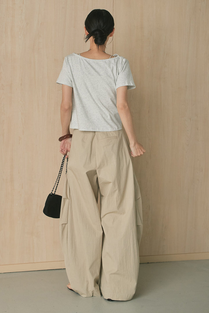 [SET]綿天竺半袖オフショルTシャツ+ニーサイドタックボリュームカーブパンツ(2set)