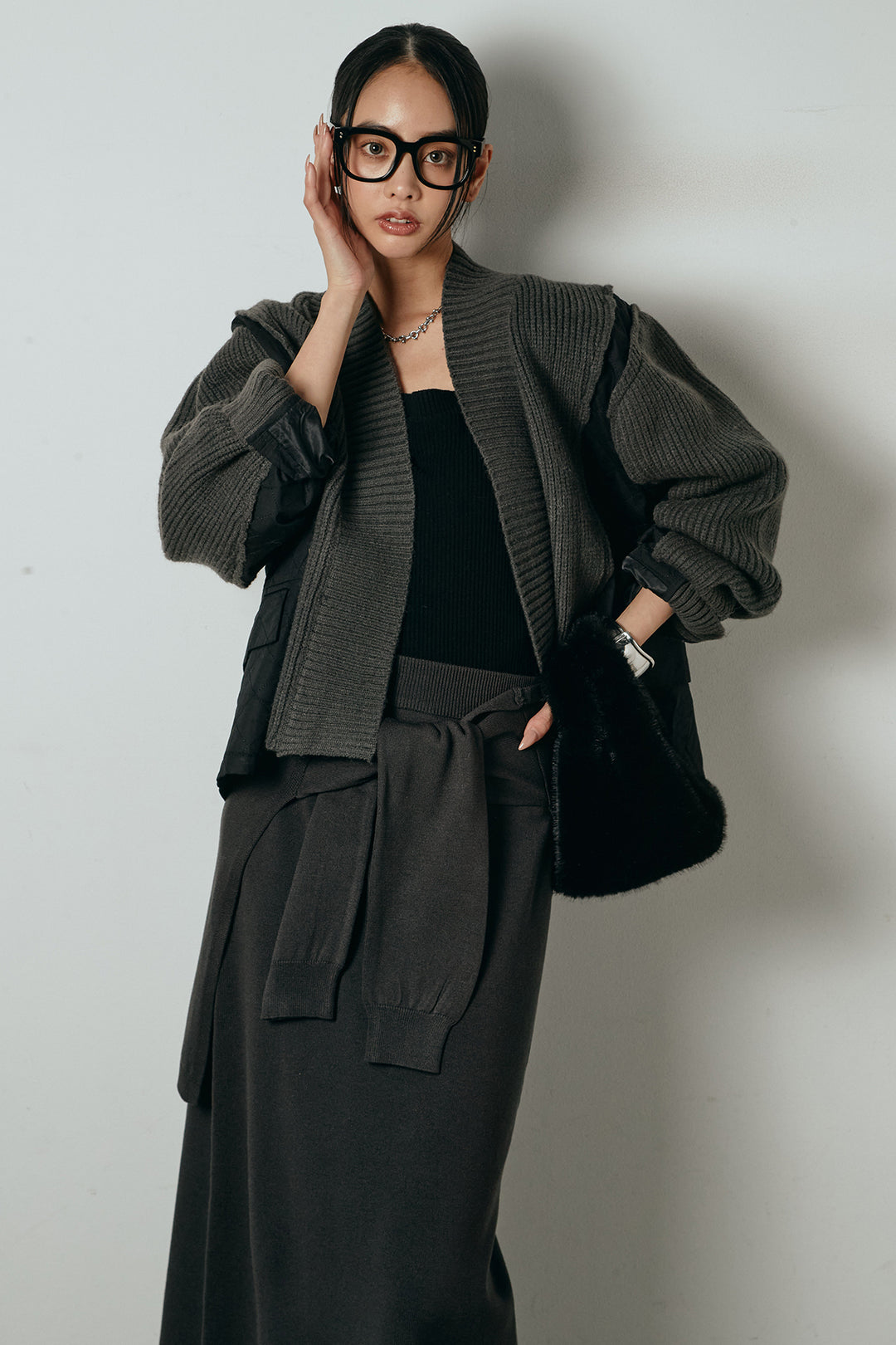 [SET]キルティング切り替えニットカーディガン+ウエストラップ巻きニットスカート(2set)