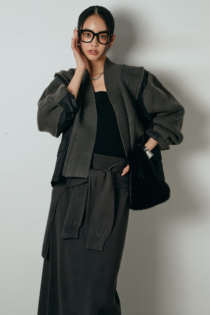 [SET]キルティング切り替えニットカーディガン+ウエストラップ巻きニットスカート(2set)