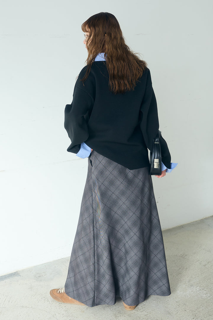 [SET]シャツレイヤード風カーディガン+タータンチェック柄フロントデザインスカート(2set)