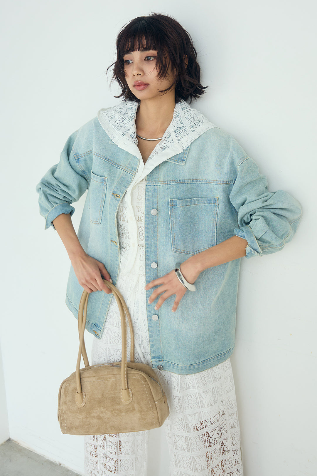 [SET]パッチワークレースショート丈フードシャツ+パッチワークレースイージーパンツ(2set)