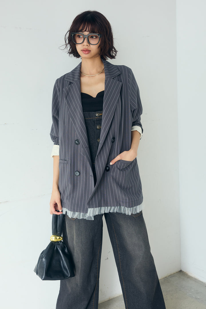 [SET]裾フリルダブルジャケット+デニムサロペットワイドパンツ(2set)