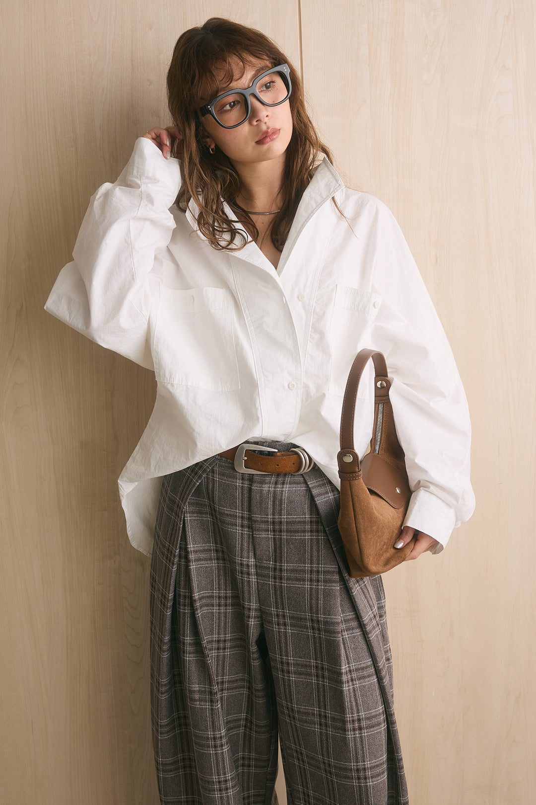 [SET]ワイドシルエットポケット付きシャツ+ブリティッシュチェックバレルパンツ(2set)