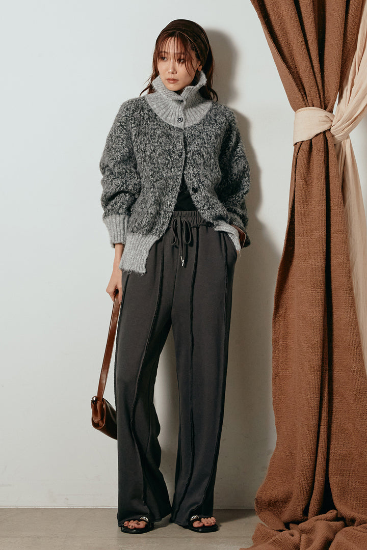 [SET]ハイネックミックスニットトップス+フロントラインデザインワイドスウェットパンツ(2set)