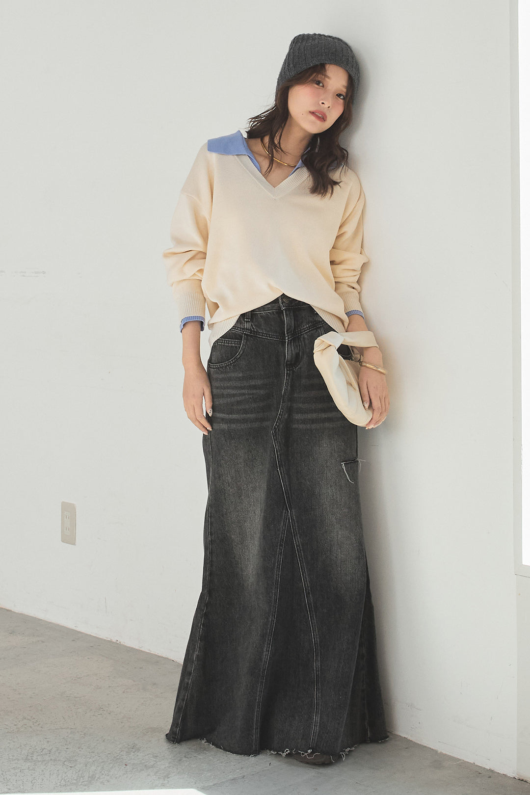 [SET]バイカラーニットレイヤード風プルオーバー+Aラインデニムスカート(2set)