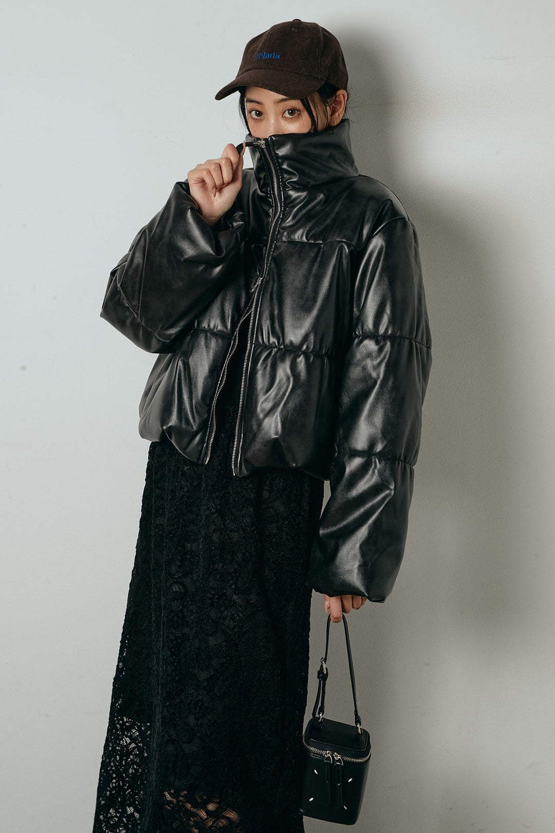 [SET]レザーライクWジップスタンドカラー中綿ブルゾン+総レース刺繍スカート(2set)