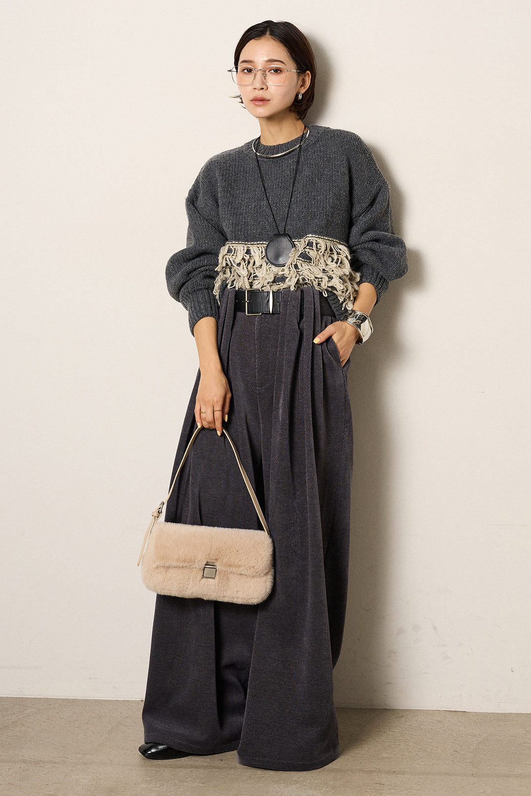 [SET]ループ編み切り替えニットプルオーバー+ベルトループコーデュロイワイドパンツ(2set)