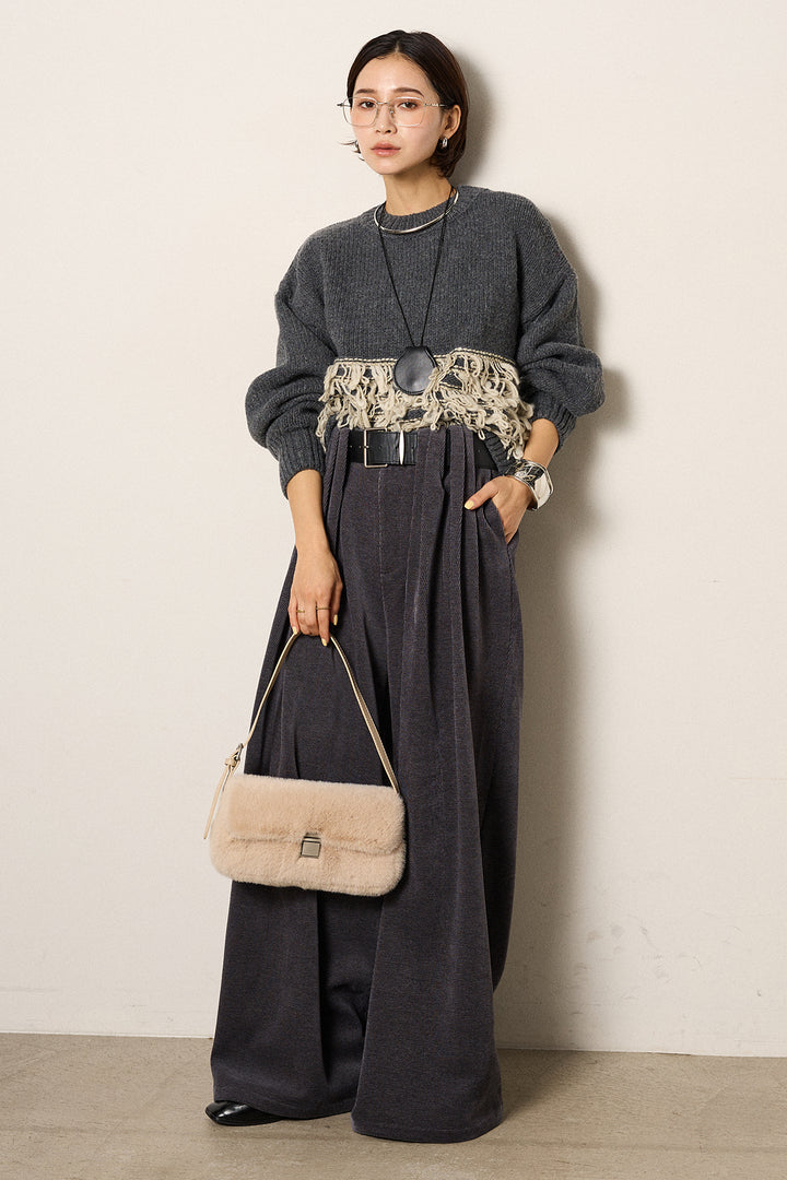 [SET]ループ編み切り替えニットプルオーバー+ベルトループコーデュロイワイドパンツ(2set)