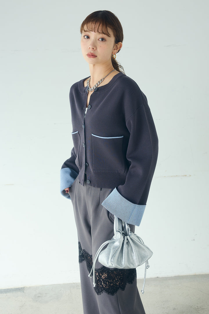 [SET]レーヨンポリダブルフェイスカーディガン+レース刺繍切替ワイドパンツ(2set)