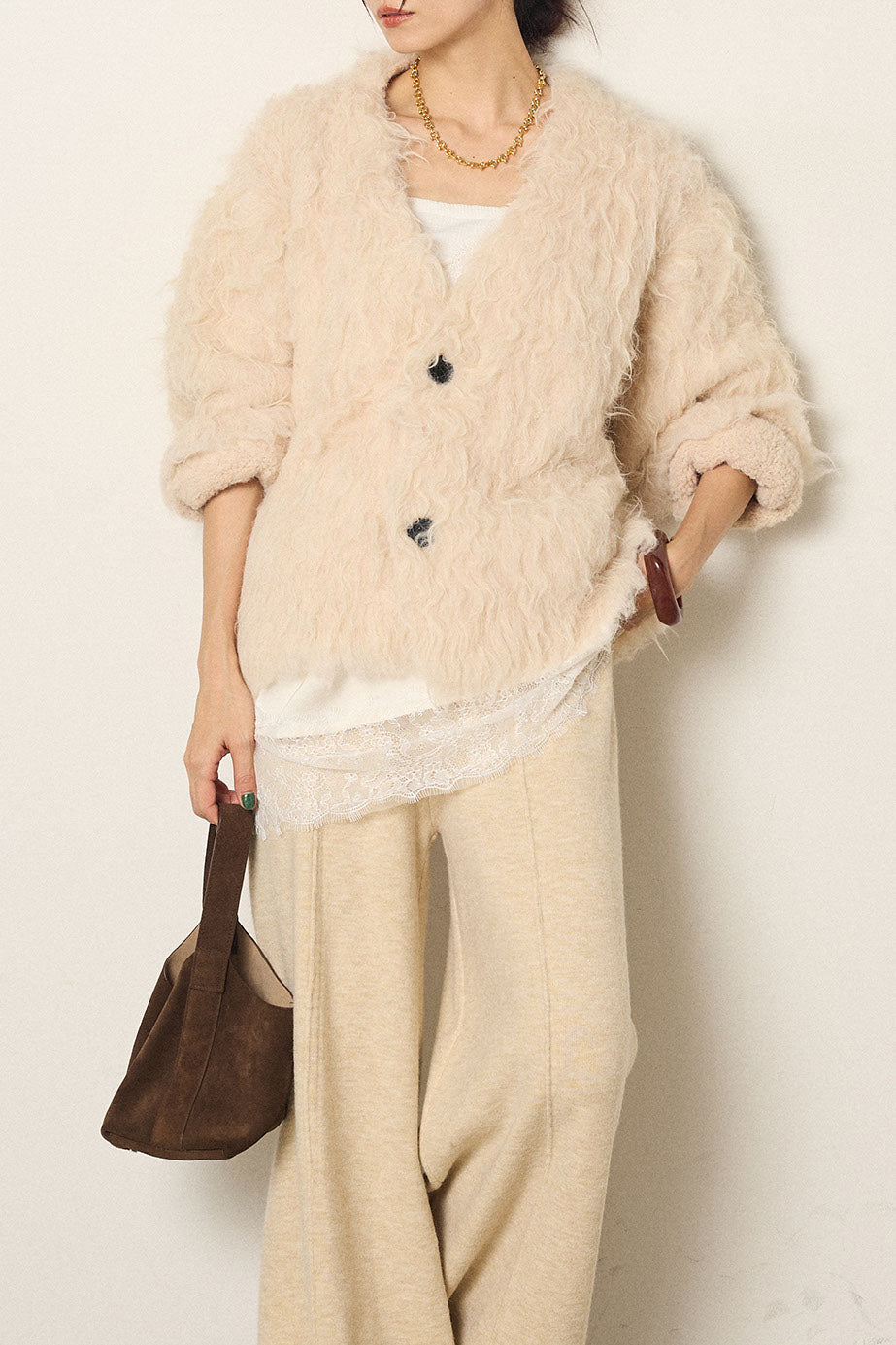 [SET]起毛シャギーニットカーディガン+レース切り替えキャミソール(2set)