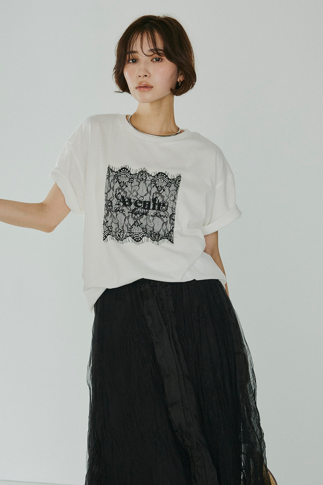 [SET]レースロゴ刺繍Tシャツ+レースコンビワッシャーギャザースカート(2set)