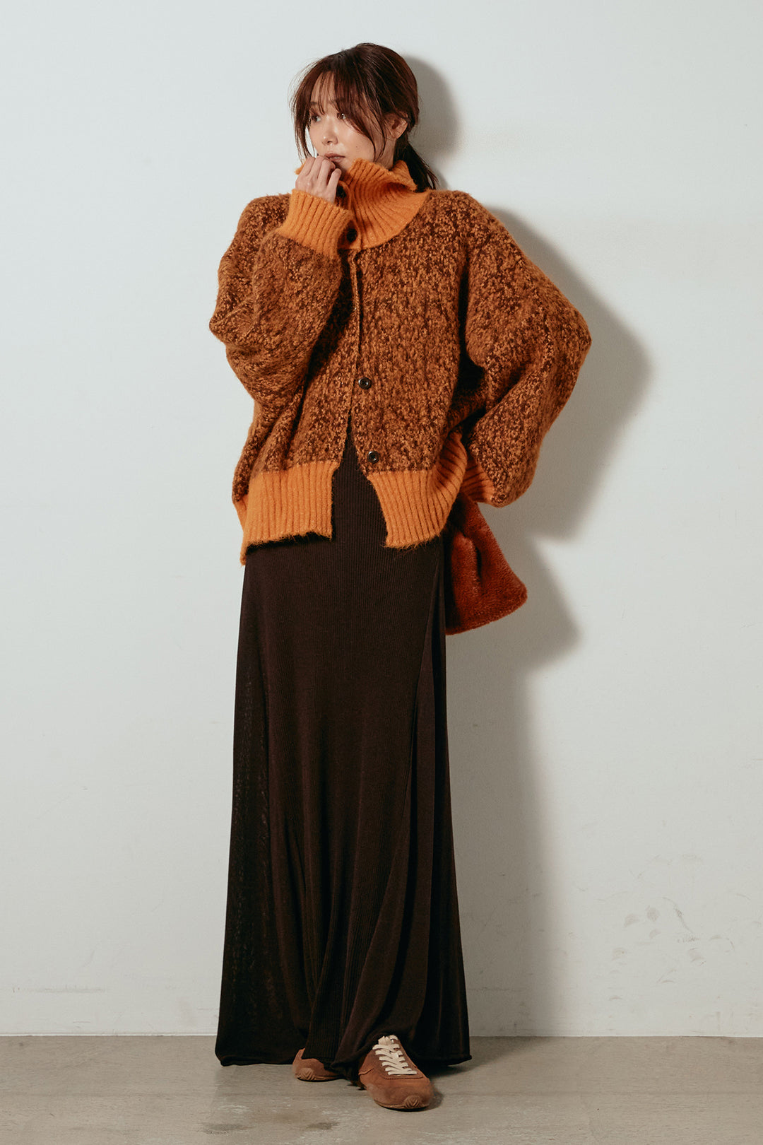 [SET]ハイネックミックスニットトップス+サイド切り替えリブニットロングスカート(2set)