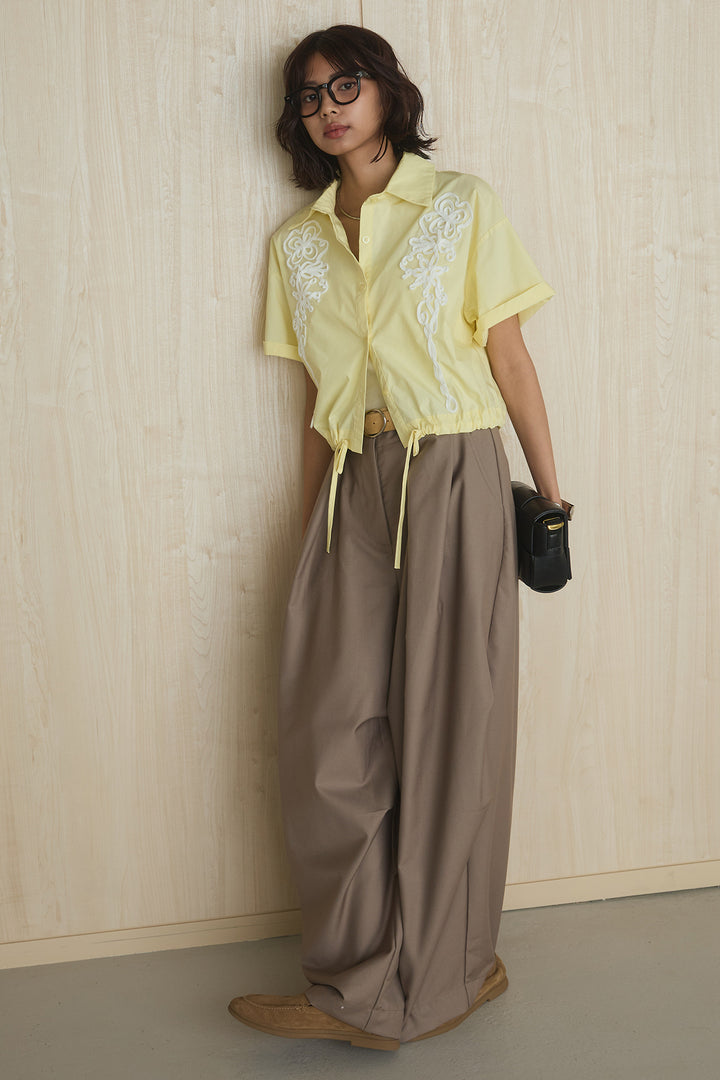 [SET]フロントテープ刺繍ウエストドロストシャツ+ベルトループワイドパンツ/ホワイト(2set)