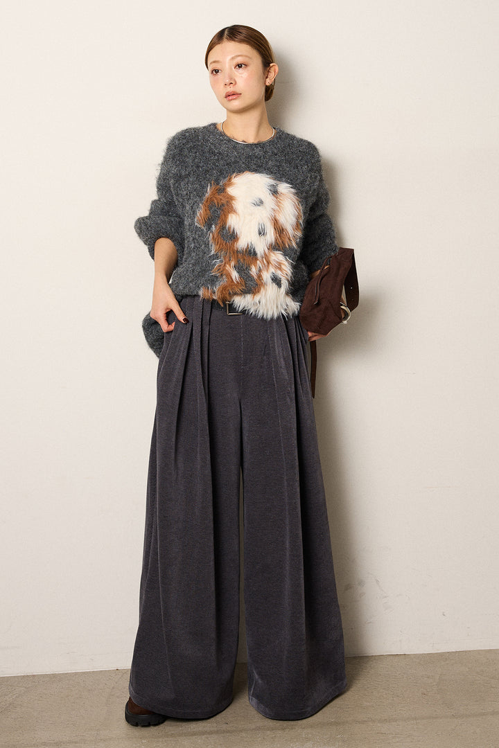 [SET]シャギーニュアンスアニマルニット+ベルトループコーデュロイワイドパンツ(2set)