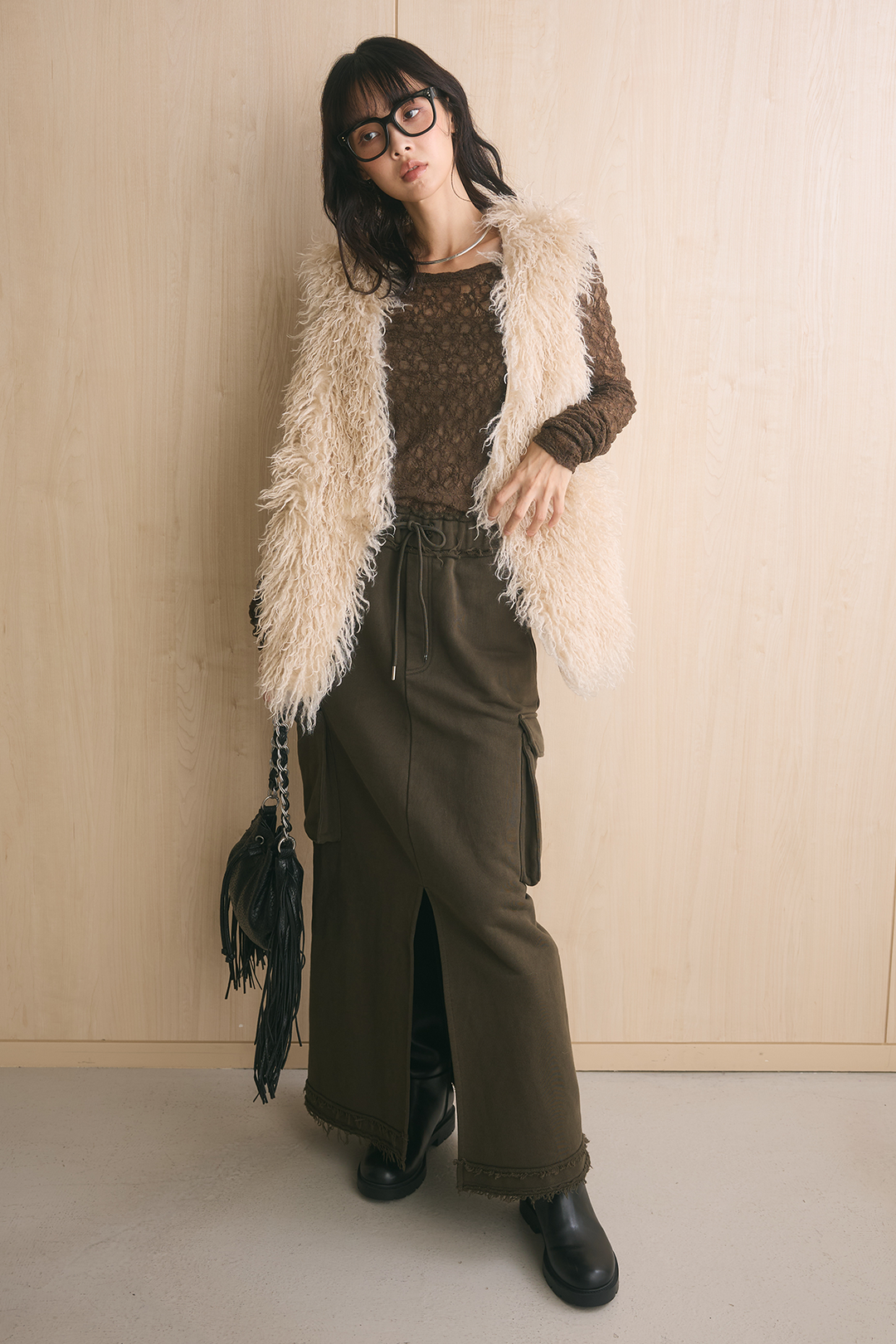 [SET]ロングシャギーファーベスト+2WAYカットレースバックオープンプルオーバー(2set)