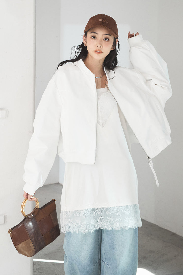 [SET]袖ギャザーデザインブルゾン+レース切り替えキャミソール+デニムアシメカーブパンツ(3set)