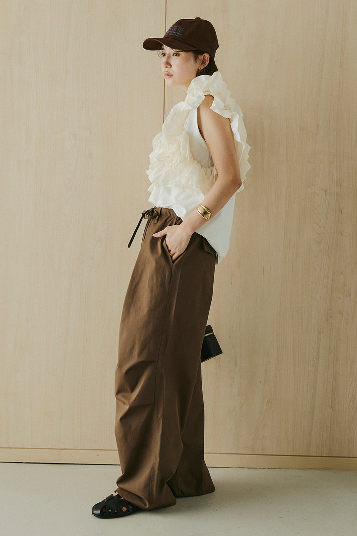 [SET]天竺ナイロンドッキングビスチェ風トップス+ニーサイドタックウエストドロスパンツ(2set)