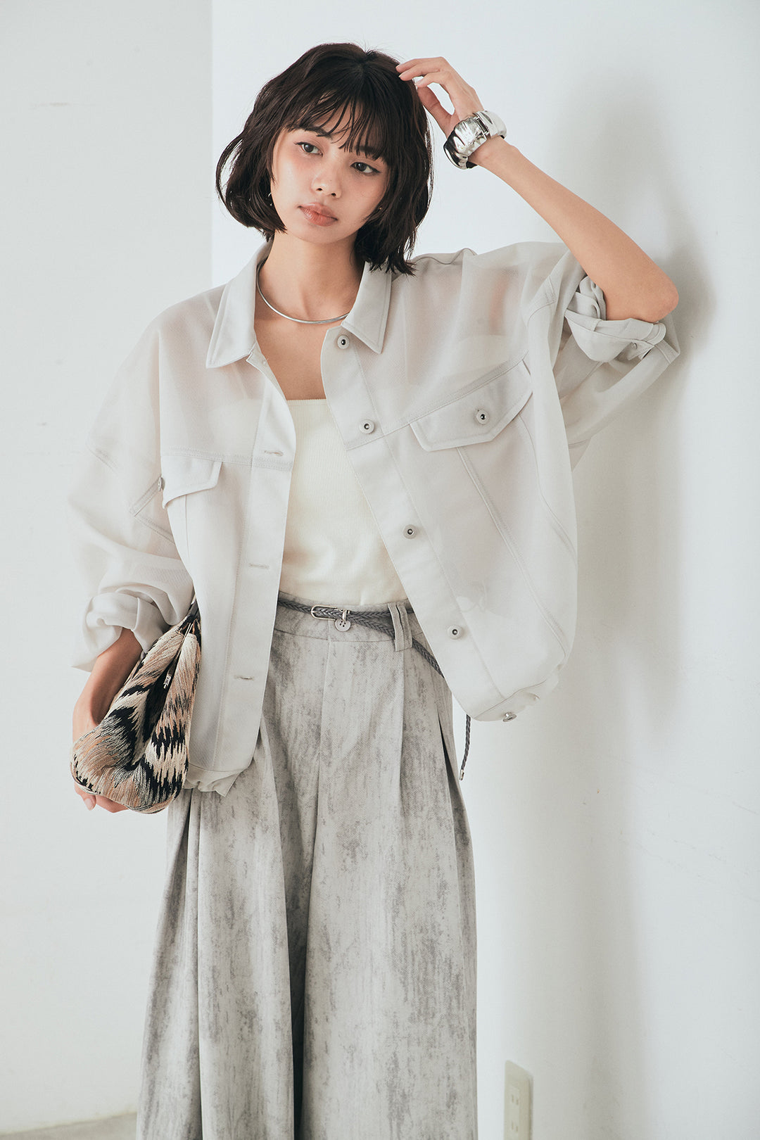 [SET]シアーダンボールサイドドロストジャケット+紐ベルト付きかすれ柄ワイドスラックス(2set)