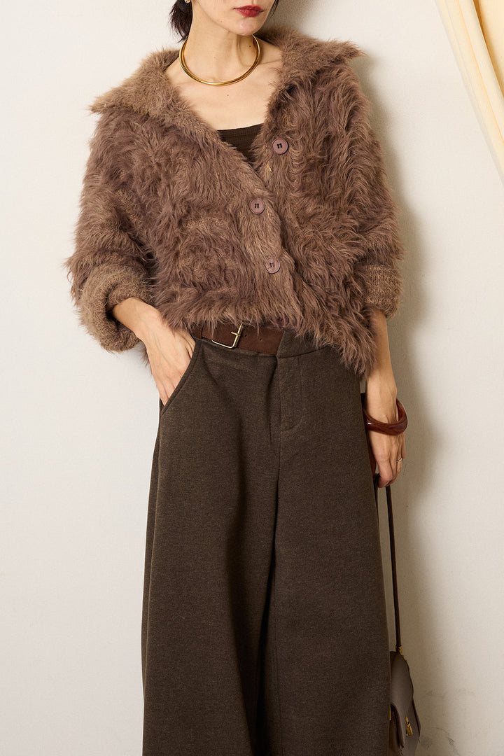 [SET]襟付きシャギーニットカーディガン+サイドベルトパンツ(2set)