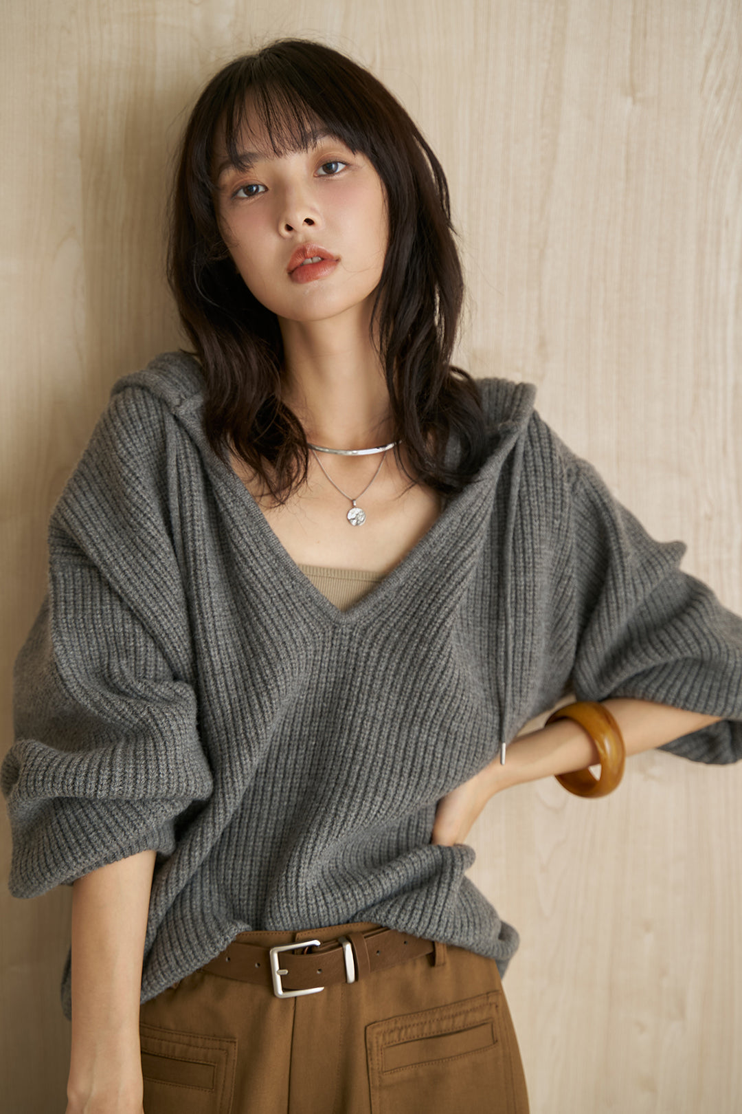 [SET]アルパカタッチフードトップス+ベルト付き配色ステッチワイドパンツ(2set)