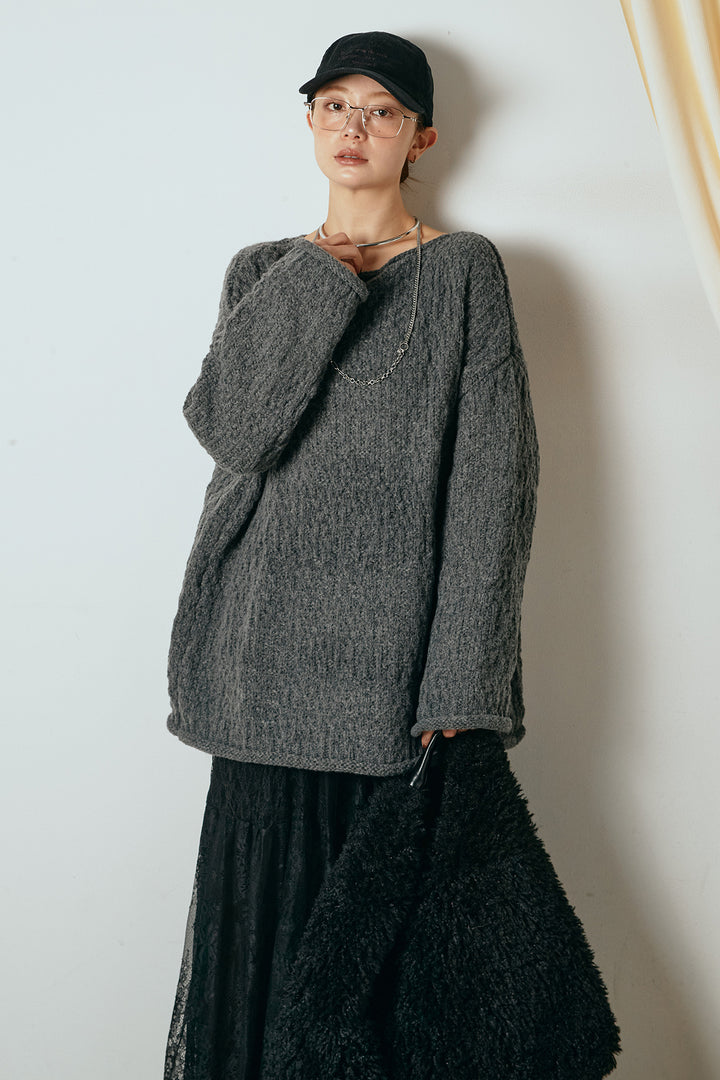 [SET]ボリューム編みニットプルオーバー+ひげレース切替ロング丈スカート(2set)