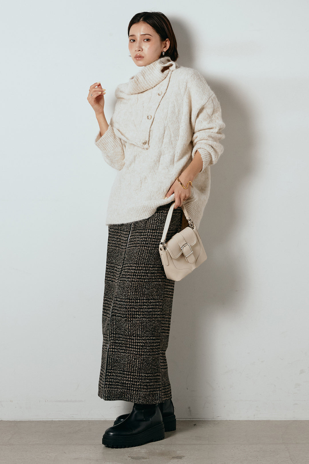 [SET]ケープデザインケーブルニットトップス+グレンチェック柄フロントジップタイトスカート(2set)