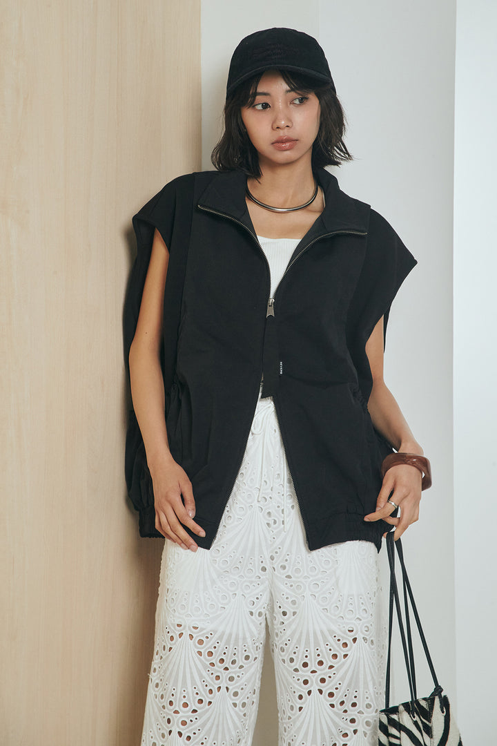 [SET]ショルダー切替スタンドネックジップベスト+レース刺繍リラックスパンツ(2set)