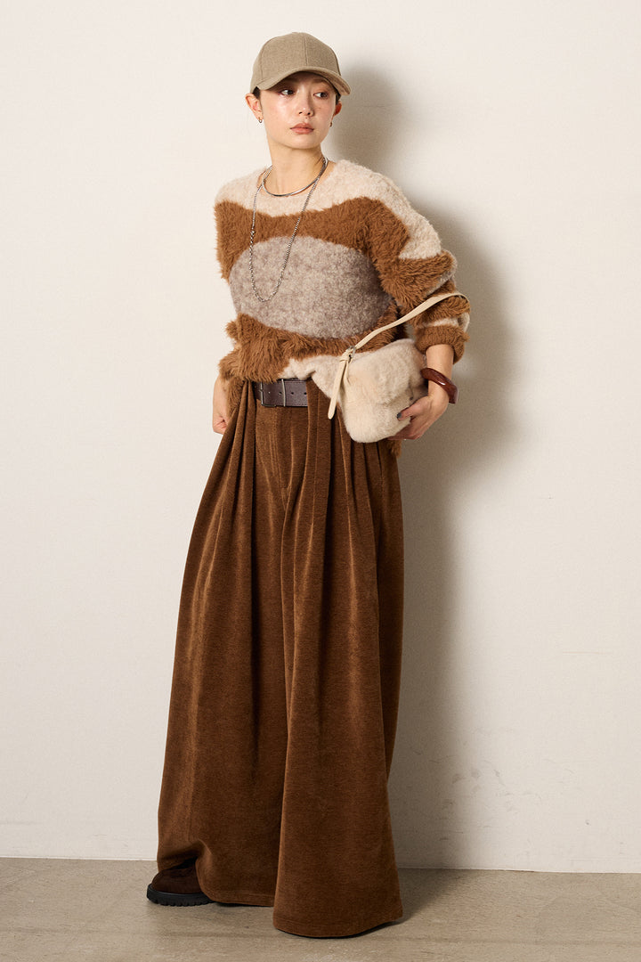 [SET]シャギーウェーブ柄クルーネックニットトップス+ベルトループコーデュロイワイドパンツ(2set)