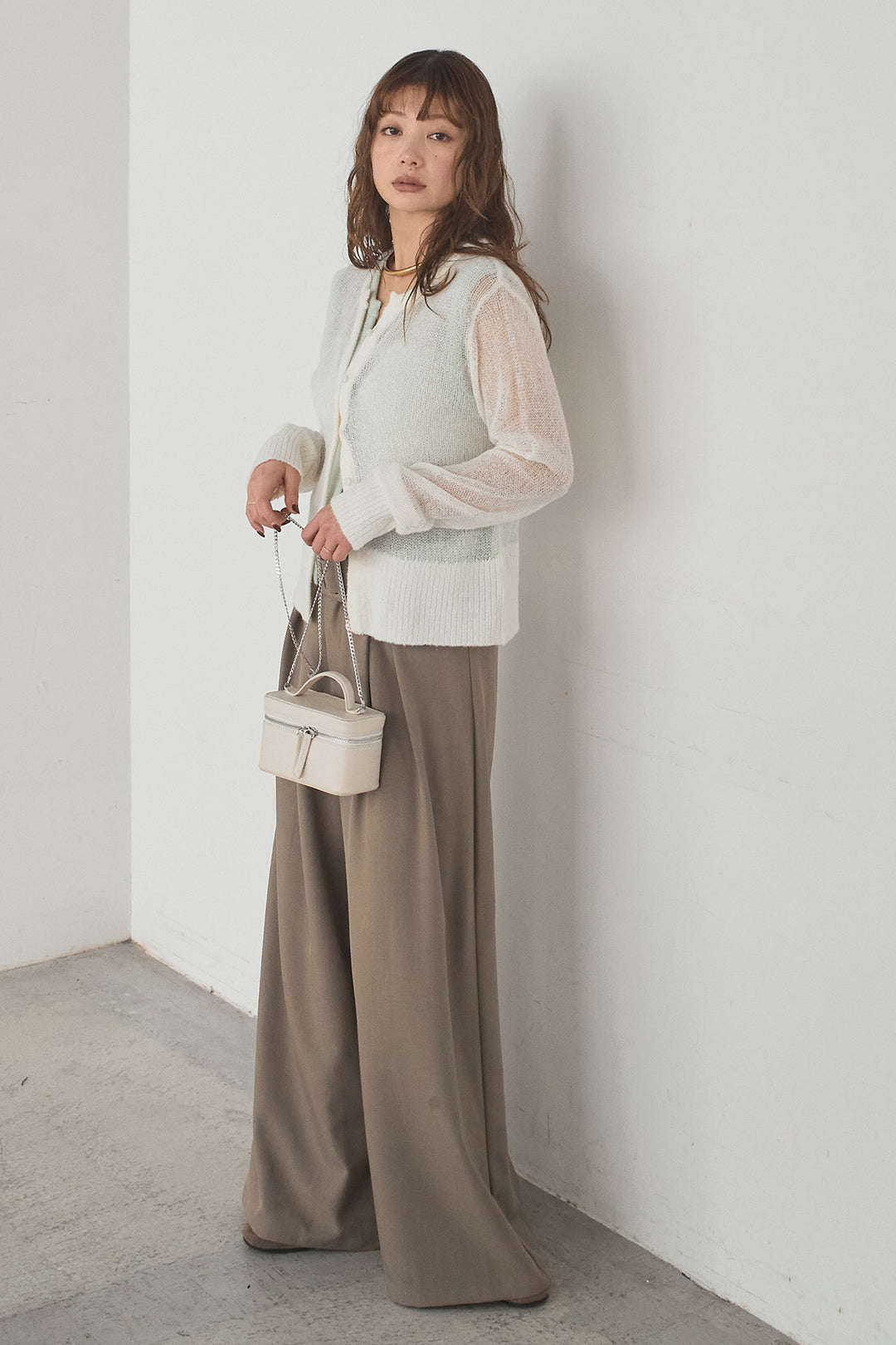 [SET]モヘア透かし編みレイヤードアンサンブルセット+ベルト付きツータックワイドパンツ(2set)